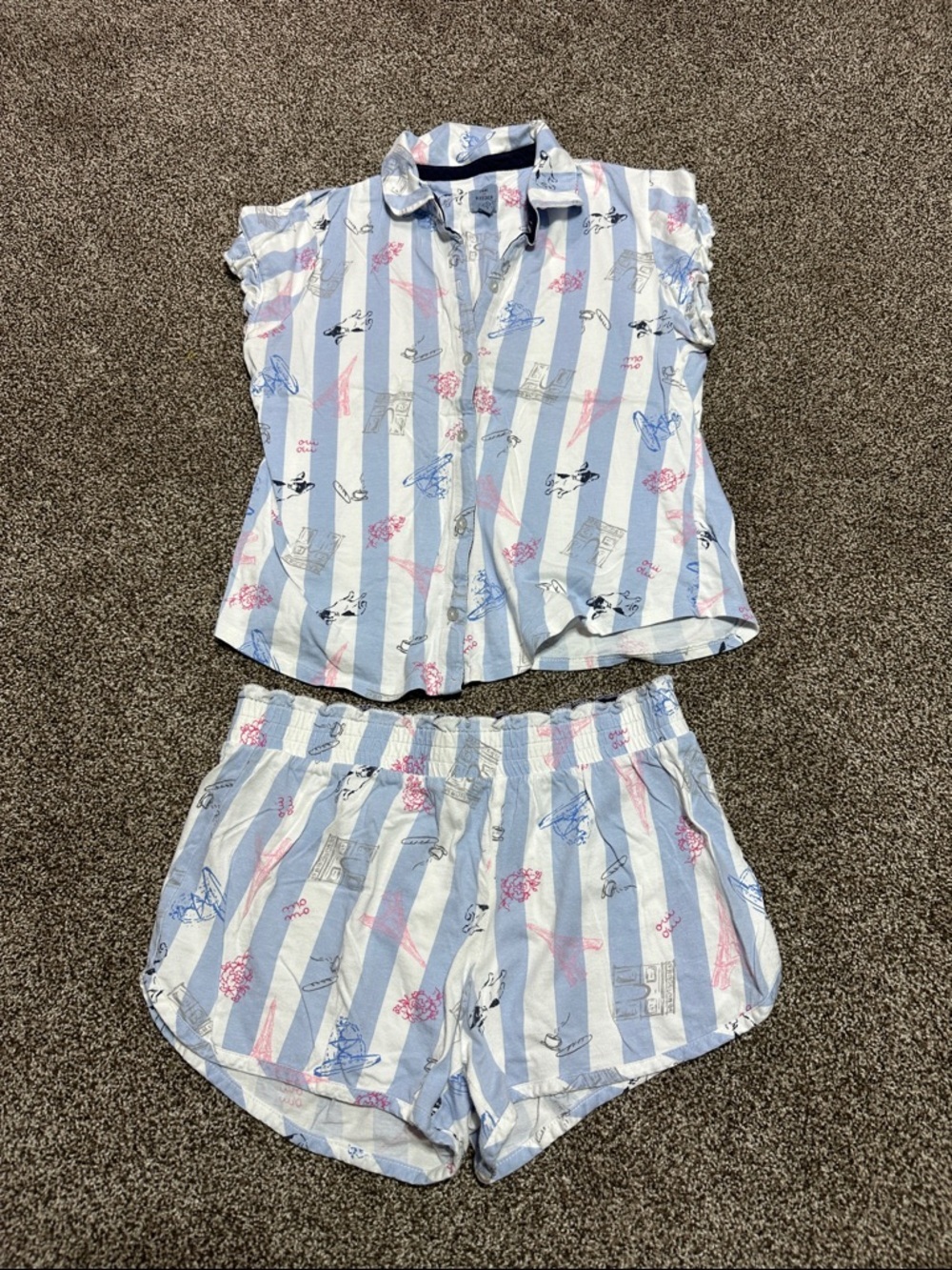 Jane and Bleecker Striped Short Pajama Set in Light Blue, White Paris Frenchies